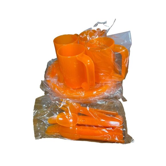 Vintage 20 Pc Snack Set Plastic Tableware 4 Person Setting Camping Picnic Orange - Picture 6 of 6